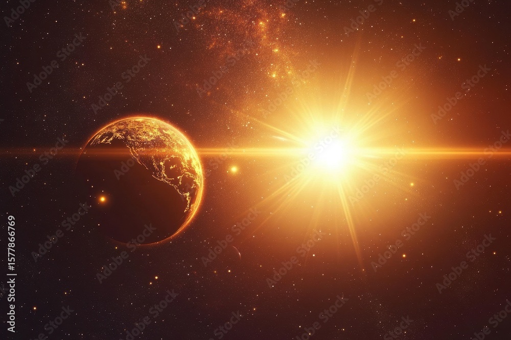 Canvas Prints exploration of a distant planet with bright solar flare and rotating sphere in space, space travel w