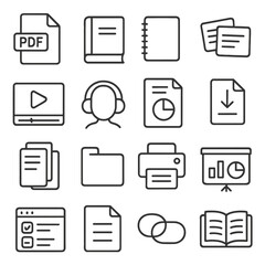 Study Materials Icons. Line style icons of study materials: PDF file, textbook icon, notebook, flashcards, recorded video, audio