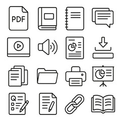 Study Materials Icons. Line style icons of study materials: PDF file, textbook icon, notebook, flashcards, recorded video, audio