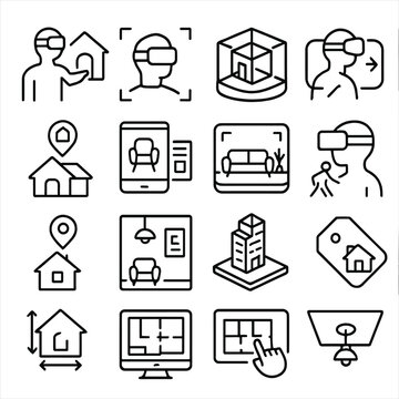 VR Real Estate Icons. Line style icons of VR/AR in real estate: property tour icon, room scan, 3D apartment, layout preview, AR