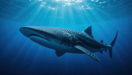Naklejka premium A whale shark swims in the ocean illuminated by sunlight