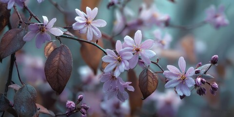 Delicate Purple Flowers, Buds, and Leaves: A Close-Up of Spring Blossoms