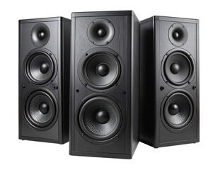Fototapeta premium Stack of Black Audio Speakers in Vertical Tower Formation – Isolated on Transparent Background