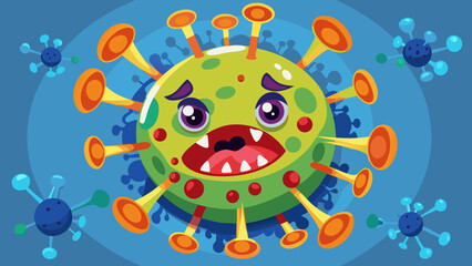 Fototapeta premium Cartoon illustration of a scared virus character with large eyes and spikes, surrounded by other microbes on blue background