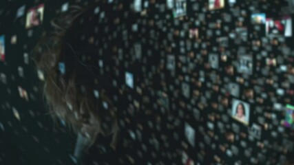 Emotional woman surrounded by chaotic digital images representing overwhelming online information and social media interactions in a surreal - Powered by Adobe