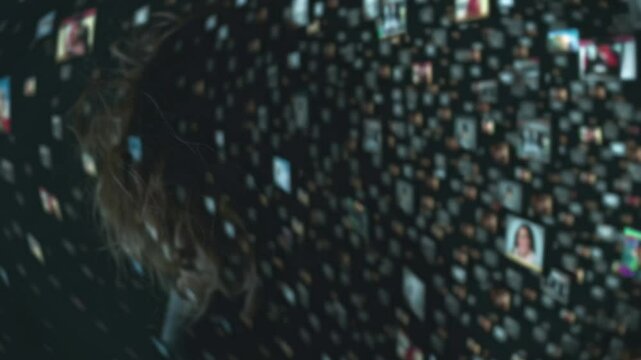 Emotional woman surrounded by chaotic digital images representing overwhelming online information and social media interactions in a surreal - Powered by Adobe