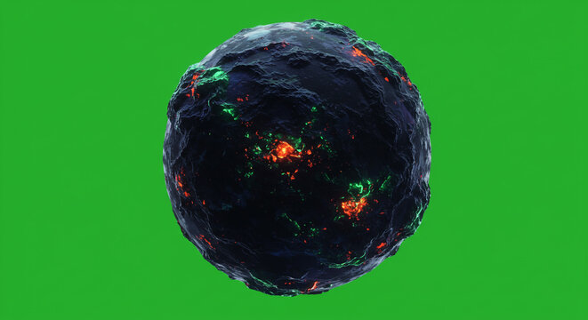 A dark textured sphere with glowing orange and green spots against a green screen background