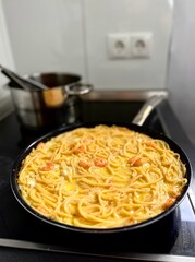 delicious spaghetti with shrimps, tomatoes, basil and cheese - italian food style. 