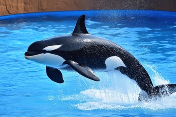 Fototapeta premium Killer whale orca swimming gracefully underwater in its natural habitat near the ocean floor, A Killer whale Orca underwater shot