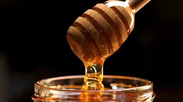 Pure honey jar with dipper natural sweetener organic golden food product healthy breakfast ingredient