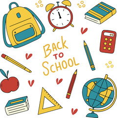 Back to School Icon Set Education Supplies Kids Learning Doodle Vector