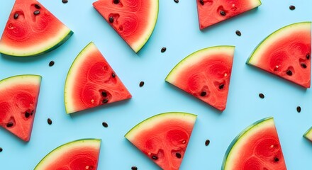 Fresh Watermelon Slices on Blue Background