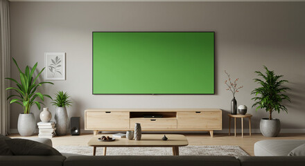 Living room setup with green screen television, plants, and modern furniture in a neutral palette
