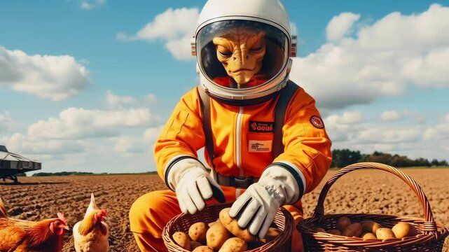 Video of a reptilian in a spacesuit checking potatoes in a basket surrounded by chickens and a cow, a left-right camera around an alien, humorous footage with the concept of in-demand eco-products.
