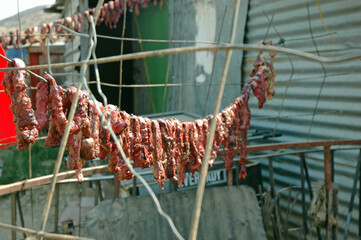 Strips of meat being dried on a line outside a house