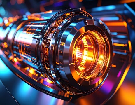 A futuristic engine core with illuminated rotating parts, glowing in intense orange and surrounded by sleek metallic surfaces