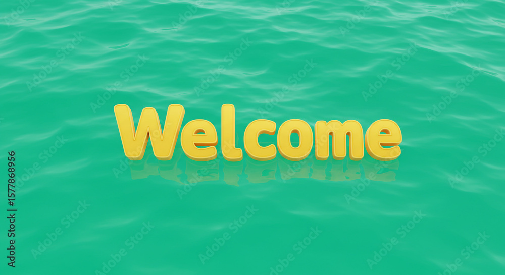 Fototapete Welcome text in yellow floating on a green water surface with subtle ripples and reflections
