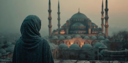 Contemplation and Serenity: A Person Reflects Near an Ornate Building at Dusk