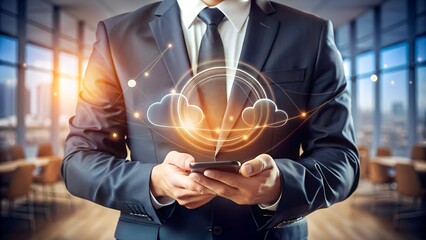A businessman uses a smartphone with a glowing cloud network overlay, symbolizing digital connectivity and cloud computing