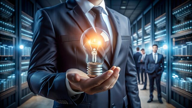 A businessman holds a glowing light bulb in his hand, representing a brilliant idea within a modern data center