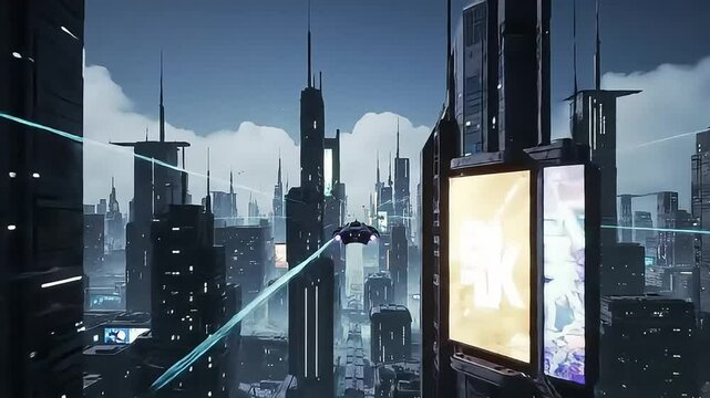 Futuristic hovercraft flying between massive urban skyscrapers in a high tech city for science fiction technology sequences.