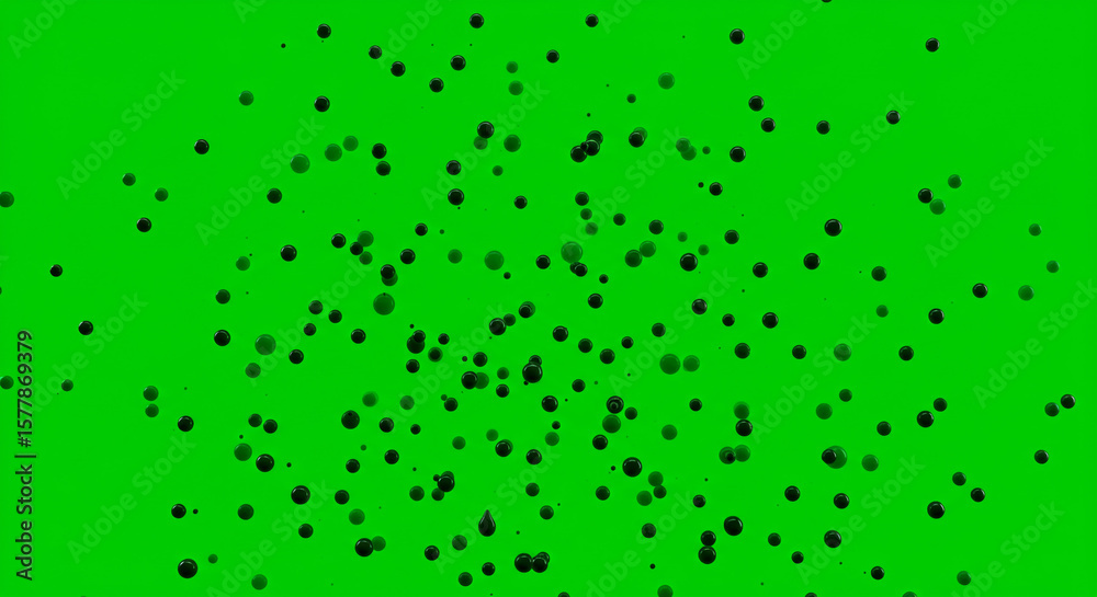 Poster Scattered dark spheres on vibrant green background creating a dynamic and abstract composition view