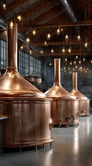 Row of gleaming copper brewing kettles for distilling
