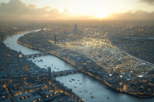 Detailed wireframe render of London's skyline at sunset showcasing connectivity along the River Thames, 3d render of London city with wireframe details and 5g connection lines