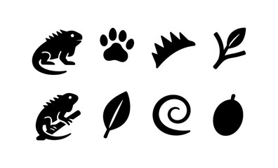 Obraz premium Set of black animal and nature icons: iguana, paw, crown, leaf, spiral, mango