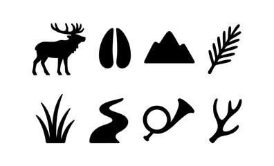 Fototapeta premium Nature symbols set: elk, mountains, and wilderness icons in silhouette style