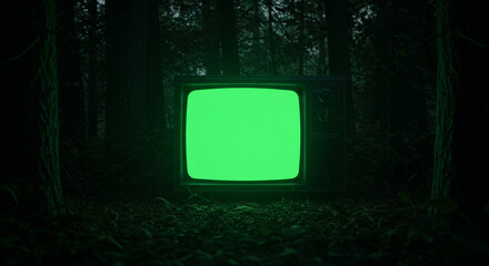 Old television with green screen in a dark forest setting with trees and leaves around it