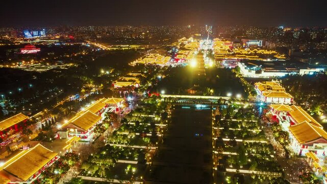 Time lapse aerial view of Xian Dayan Pagoda and city skyline in Shanxi, China
