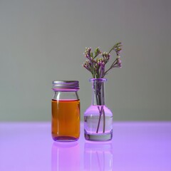 Neon Lit Still Life: Honey Jar and Floral Arrangement