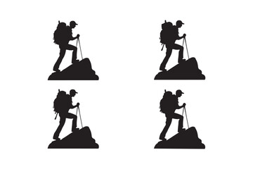 Silhouette of a hiker with a backpack and trekking poles on rocky terrain