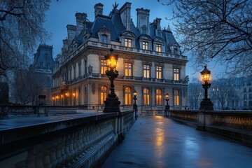 Fototapeta premium Twilight glow illuminates exquisite Parisian architecture along the serene waterway, Twilight Glow on Parisian Architecture