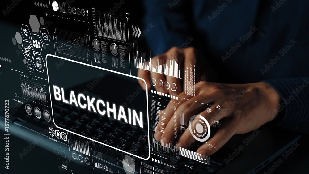 Poster hands typing on laptop with blockchain technology visualization in modern digital environment. asymp
