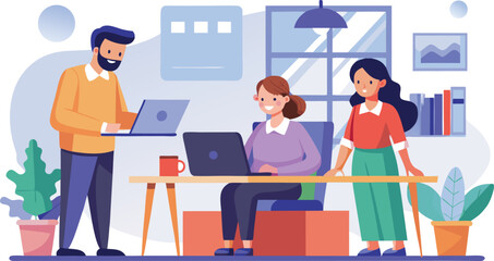 Fototapeta premium Diverse team collaborates on laptops in a modern office setting