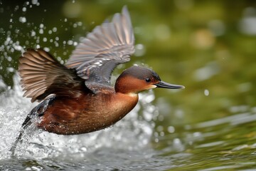 Obraz premium Little grebe diving into water creating splashes while catching prey in serene habitat, Little grebe Tachybaptus ruficollis The bird dives into the water Slow motion