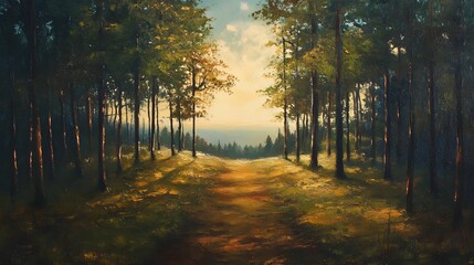 Obraz premium Forest Path in Autumn Light Watercolor Style Background,Generative Ai