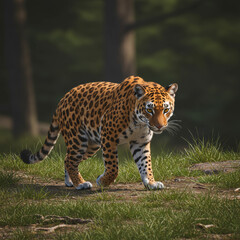 Majestic Jaguar in Natural Habitat: A striking jaguar, adorned with a unique coat pattern, confidently strides through its natural habitat, showcasing the raw beauty of the wild in the warm light.