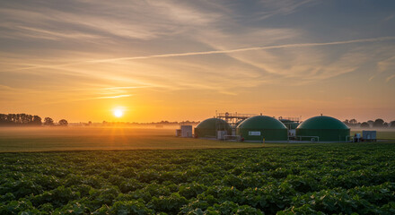 A biogas plant at sunrise with green domes and field in foreground under a bright orange sky view landscape