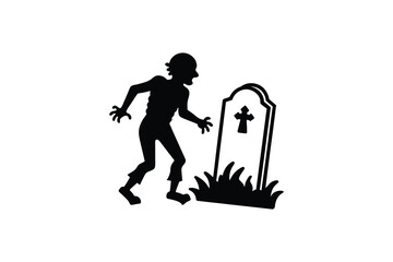 Zombie Silhouette Approaching Gravestone Halloween Illustration