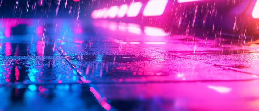Neon sign glow reflected in rainsoaked asphalt pink and cyan bokeh lights cyberpunk urban vibe