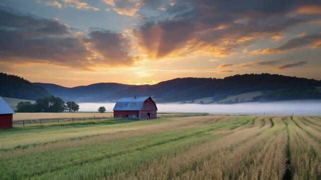 Time-lapse of golden hour over rural farmlands, camera slowly pans left revealing barns and rolling fields