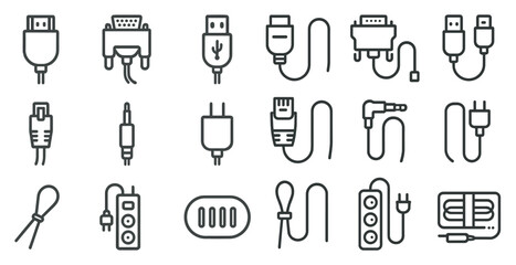 Collection of various electronic cables and cords. Concept of organization and order, as the different types of cables are neatly arranged in a grid-like pattern. Scene is one of practicality