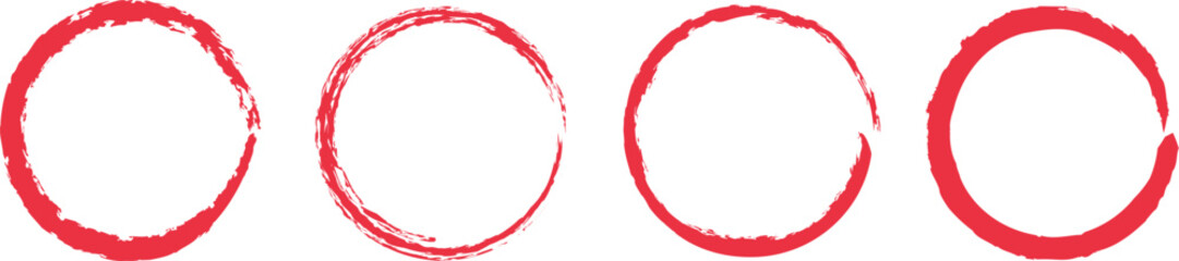 Four red brush stroke oval shapes isolated on transparent background