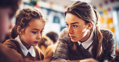 A dedicated female teacher, looking intently, leans in to assist a young female student who is focused on her work, illustrating a moment of personalized instruction in a classroom setting