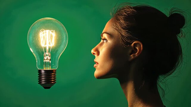 Woman imagines a bright future with innovative ideas, represented by a glowing lightbulb on a green backdrop.
