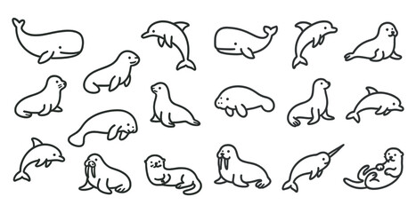 Series of drawings of various sea mammals, including dolphins, whales, and seals. The drawings are all in black and white and are laid out in a grid-like pattern