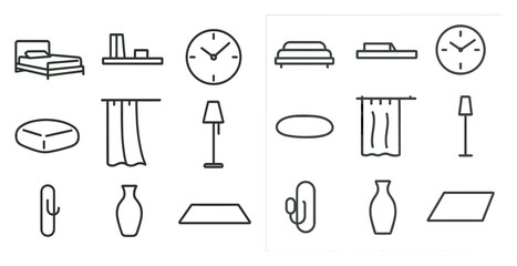Fototapeta premium Collection of furniture and home decor items, including a bed, clock, lamp, vase, and pillow